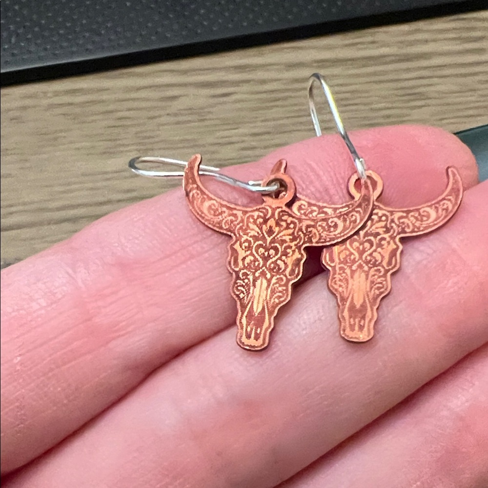 Copper Bull Skull Earrings with Sterling Hooks